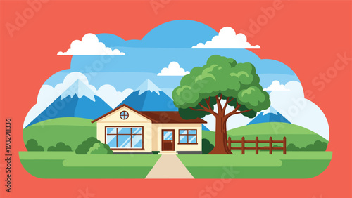 Idyllic suburban house located in a beautiful green landscape with a large oak tree and snow-capped mountain peaks in the background.