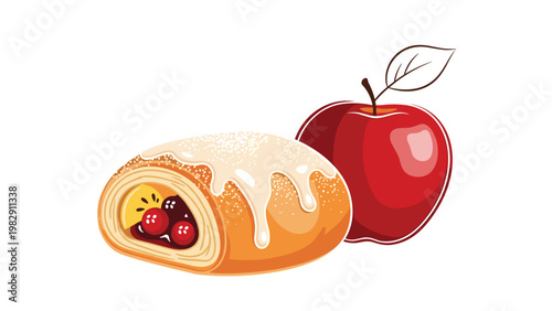 Delicious apple strudel pastry roll with white sugar glaze and mixed berry filling served alongside a fresh red apple with a leaf.