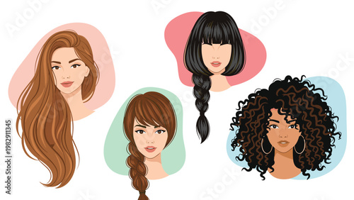 Group of diverse beautiful women showcasing a variety of hair colors and styles including long waves braids and voluminous dark curls.