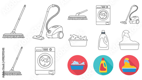 Comprehensive set of household cleaning equipment and laundry icons presented in various styles including line art and flat color designs.