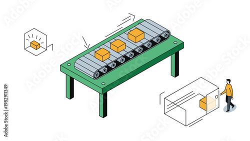 Industrial production line scene with a conveyor belt moving yellow packages towards a worker and a storage area for shipping.