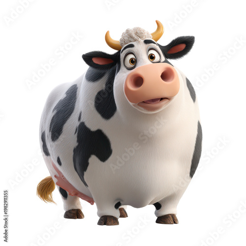 Cartoon cow stands in a playful pose with a surprised expression in a colorful animated setting during daylight