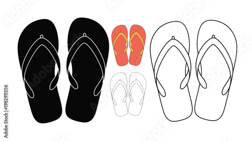 Collection of summer flip-flops in various sizes and colors representing a family set including adult and children footwear styles.