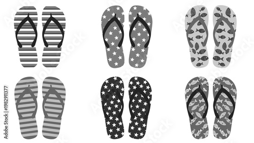 Set of grayscale summer flip-flops featuring various decorative patterns such as stripes stars and fish for stylish beach footwear designs.