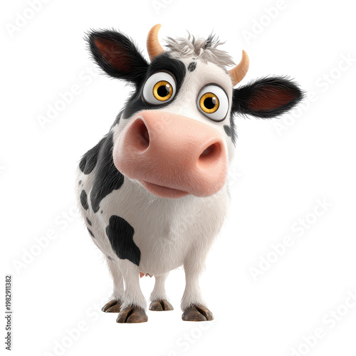 Cartoon cow stands and looks curiously with big eyes and a friendly expression in a bright background