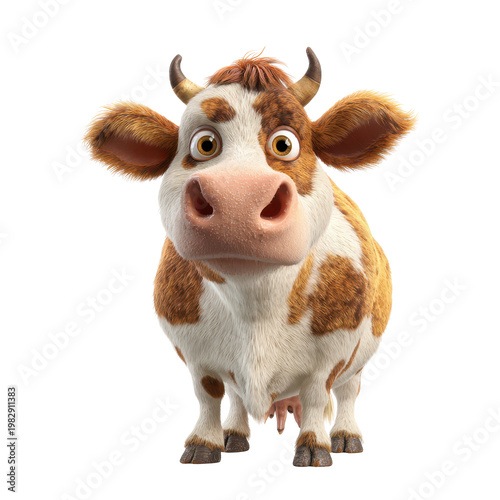 Cow stands in a bright setting with a curious expression, looking directly at the viewer while its ears perk up
