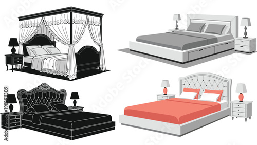Selection of bedroom furniture showing diverse bed designs from an ornate canopy bed to modern minimalist and luxury tufted styles.