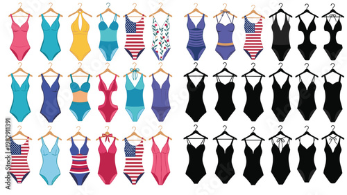 Diverse collection of women's one-piece swimsuits and bikinis on hangers featuring various colors patterns and solid black silhouettes.