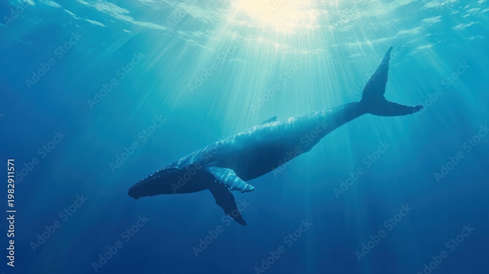 Obraz premium Majestic Whale in the Deep Blue: Witness the serene dance of a solitary whale gliding gracefully through the tranquil, sun-dappled depths of the ocean.