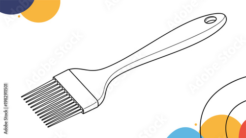 White silicone pastry brush for baking and cooking is shown against a minimalist background with colorful graphic elements.