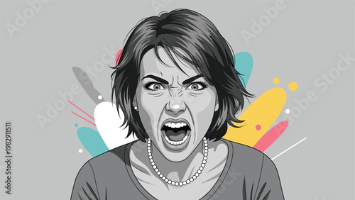 Expressive illustration of an angry woman screaming with wide eyes and open mouth against a gray background with colorful splashes.