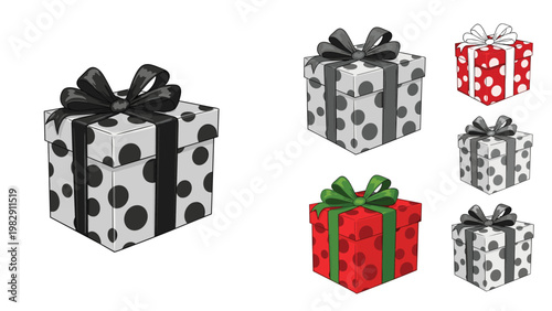 Selection of gift boxes with white and black polka dot patterns decorated with elegant ribbons and bows for holiday celebrations.