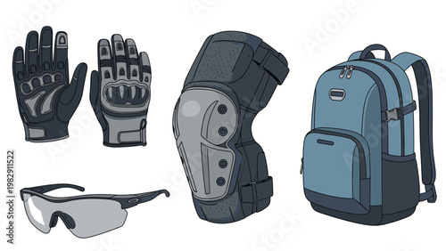 Tactical outdoor equipment set includes protective gloves, safety goggles, a heavy duty knee pad, and a blue versatile backpack.