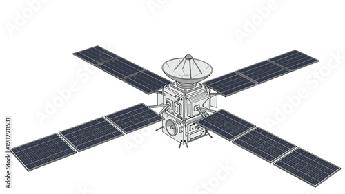 Scientific satellite with multiple solar panel wings and a communication dish is shown for space exploration and research themes.
