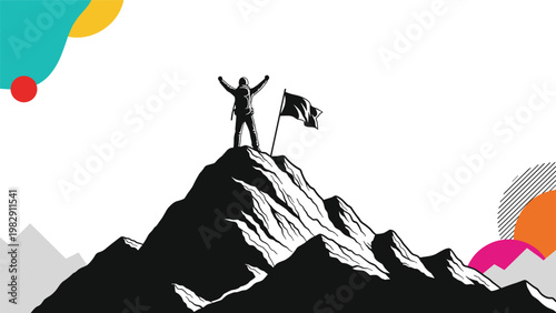 Black silhouette of a successful hiker reaching a mountain summit with a flag celebrates victory and achievement in the peaks.