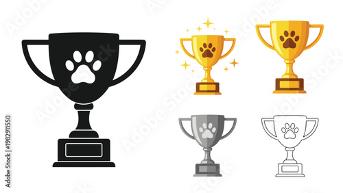 Set of trophy cup icons featuring paw print symbols represents awards for pet shows and dog or cat competition winners.