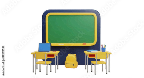 Vector illustration of 3d illustration of a classroom setup with a chalkboard, desks, and backpack on a transparent background