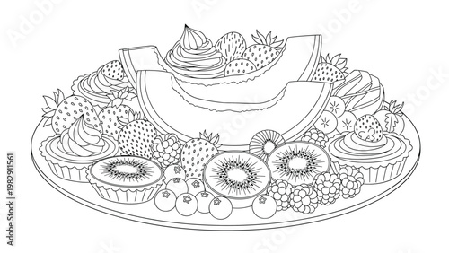 Elaborate fruit platter illustration features kiwi slices, strawberries, raspberries, and melon pieces for healthy catering menus.