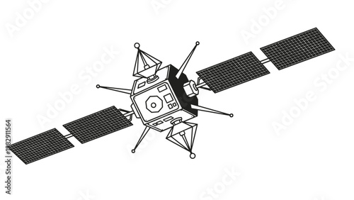 Detailed technical illustration of a spacecraft satellite in orbit with solar panels and antennas for aerospace science research.