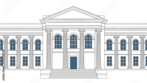 Grand neoclassical building facade features tall columns and a wide staircase for government or museum architectural themes.