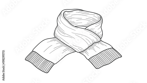 Hand-drawn line art illustration of a cozy folded winter scarf with knitted texture and fringe detail on white.