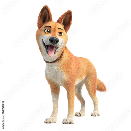 Cartoon dog standing happily with a big smile in a colorful setting during the day