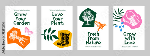 Vintage sketch gardening collage banners. Eco poster design set with watering can and rubber boots. Hand drawn vector illustration.