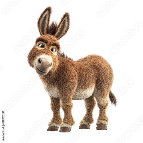 Cartoon donkey with large eyes and a playful expression in a simple studio setting