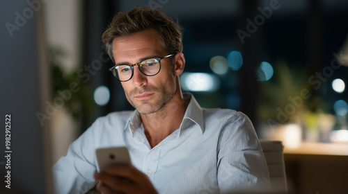Anxious business professional holding smartphone displaying incoming call from unknown number while sitting in home office late evening with suspicious expression, perfect for fraud prevention voice