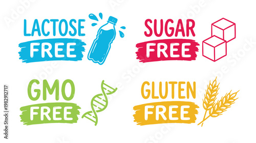 Food allergy and dietary restriction labels lactose sugar gmo and gluten free icons