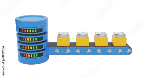 Vector illustration of 3d illustration of a server rack connected to a conveyor belt with data boxes on a transparent background