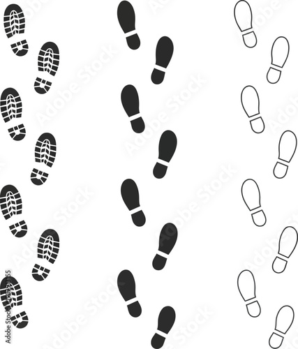 Human bare walk footprints and shoes, kids feet vector set, footsteps icon for print, trail, walking route, and footprint follow illustrations.

