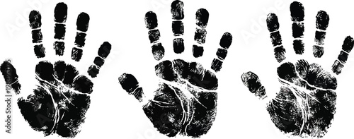 Set of black ink handprint with detailed texture and smudges, isolated on transparent background.

