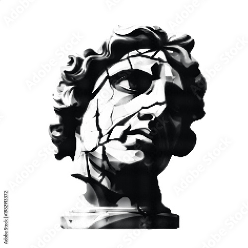 Ancient Roman Greek Apollo bust statue head broken art halftone dot pattern vector illustration abstract graphic design element