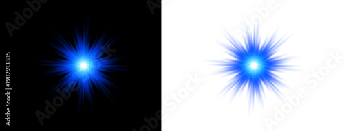 Dynamic starburst light effect vibrant blue rays on black background. On transparent background