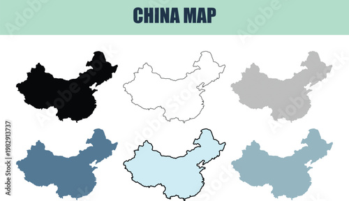 China Map Variations in Blue and Gray Tones with Outline and Silhouette