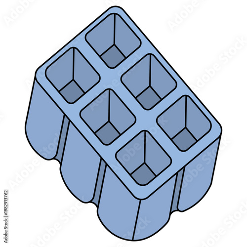 Seedling pots. Six solid blue molds for sowing seeds. Color vector illustration. Isolated on white background. Idea for web design.