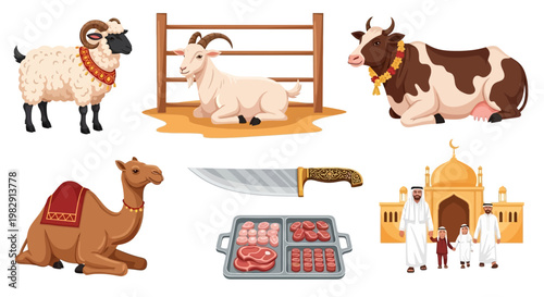 Muslim Eid al-Adha festival icons with sacrificial livestock (sheep, goat, cow, camel), raw meat, family, and mosque.