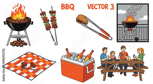 Summer BBQ and Picnic Vector Set with Grills, Kebabs, Cooler, Tongs, Blanket, and Family Outdoor Eating