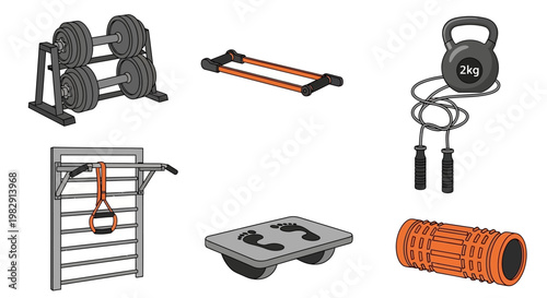 Comprehensive collection of essential home gym and workout fitness equipment including dumbbells, resistance bands, kettlebell, and more.