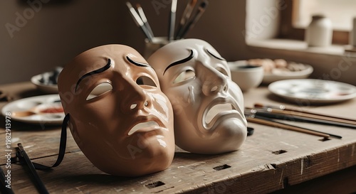 Theatrical masks on a workbench.