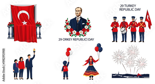 National celebration vector set with patriotic flag, cultural figures, traditional parade, fireworks, and people commemorating a country's founding.