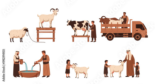 Set of flat illustrations depicting traditional farm life, animal husbandry, milking, herding, and caring for domestic livestock like goats, sheep, and cows.
