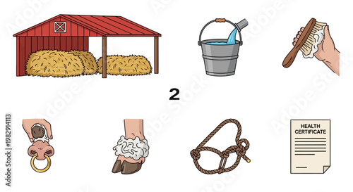 Vector illustration set of farm animal care, horse grooming, and livestock equipment icons: stable, feed, tack, and health.