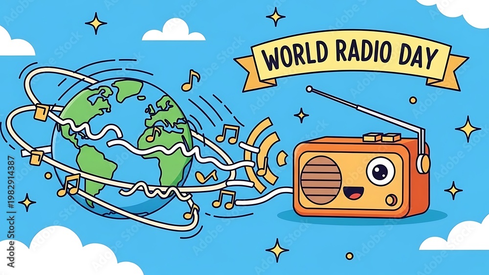 Fototapeta premium World radio day illustration earth globe with antenna and notes on blue background