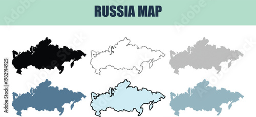 Russia map silhouettes in various styles and colors for graphic design and informational purposes
