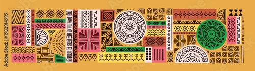 Tribal geometric patterns, ethnic culture motifs, abstract doodle line elements. Folk drawings in african bohemian style. Peruvian and Navajo geometry art sketches. Colorful vector illustration