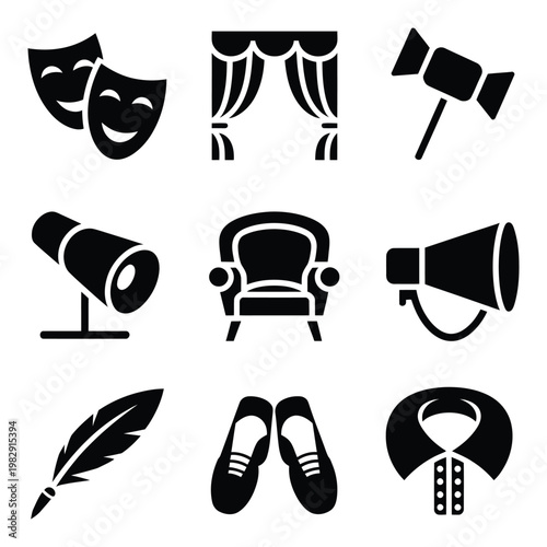 Theater and Performing Arts Silhouette Icons Set - Stage Drama and Entertainment Industry Symbols - Minimalist Cinema and Acting Elements Collection - Acting Masks and Production Vector Art.