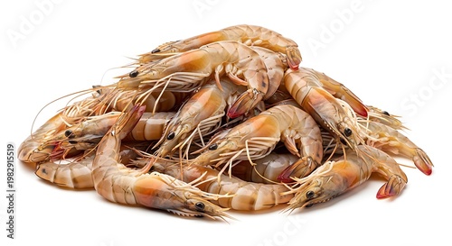 Fresh headless shrimp pile on white background. headless shrimp