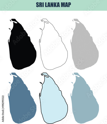 Six Sri Lanka map outlines in black white and blue color palettes with subtle textures